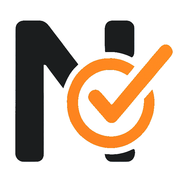 Vector graphic logo consisting of a black, stylized letter 'N' and an orange circle on top of it, which contains a centered checkmark symbol.